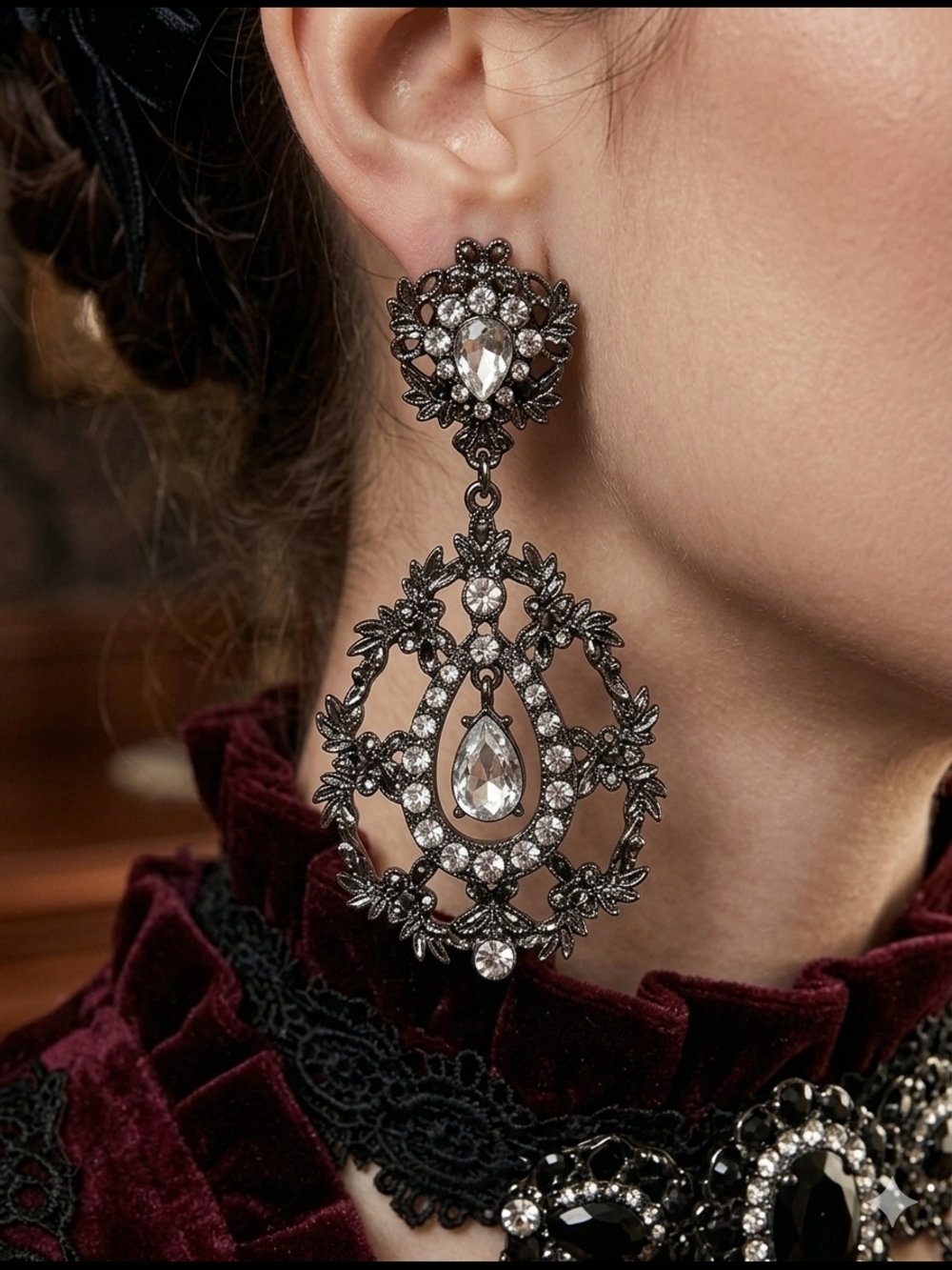 Source Unknown Victorian Revival Rhinestone Chandelier Earrings 3"